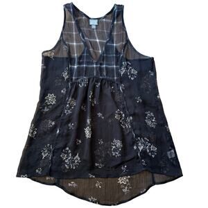 Converse Black Sheer Plaid Floral Racerback Top Sz M 90's Y2K Goth Indie Sleeze